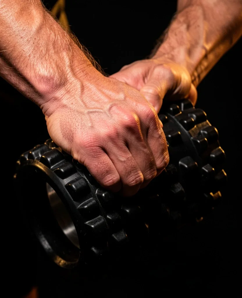 Hands using a muscle massage roller