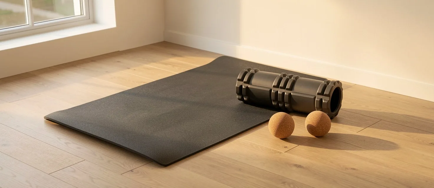 Home recovery corner with mat, roller, and massage balls