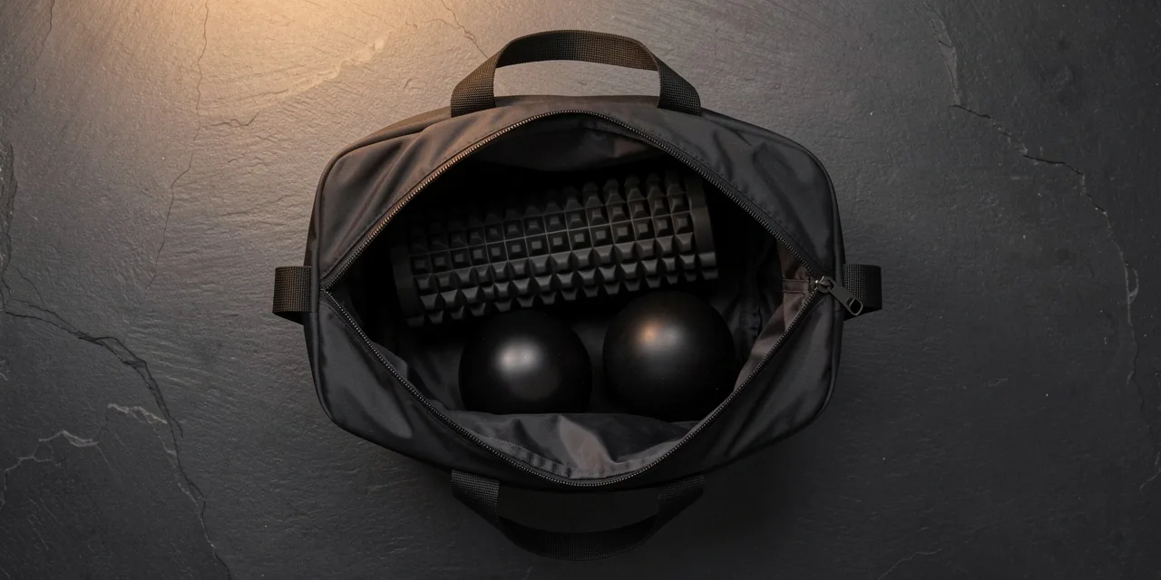 Compact roller and massage balls in a gym bag