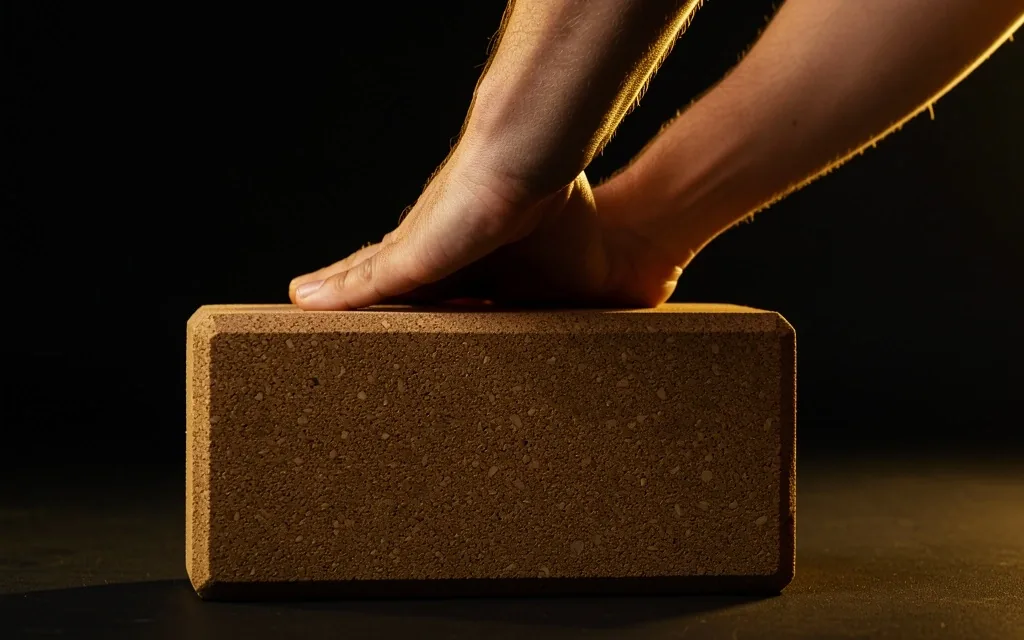 A yoga block supporting the hand during a forward fold