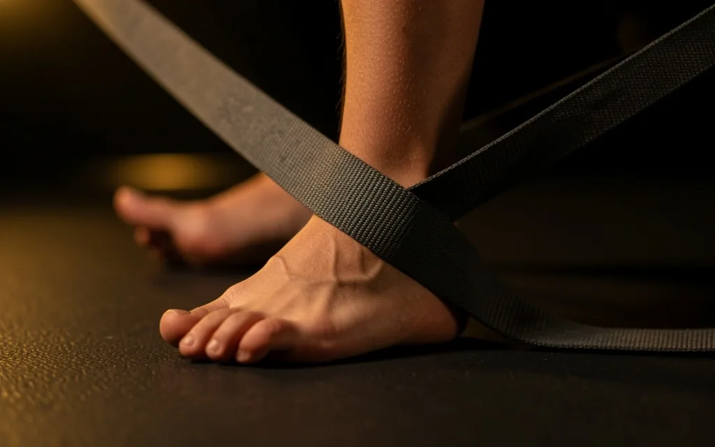 A stretching strap around the foot in a lying hamstring stretch