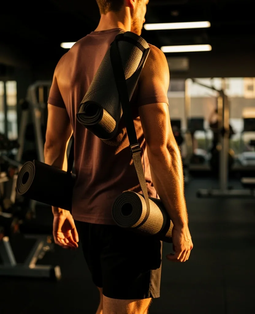 A yoga mat with carrying strap ready for transport