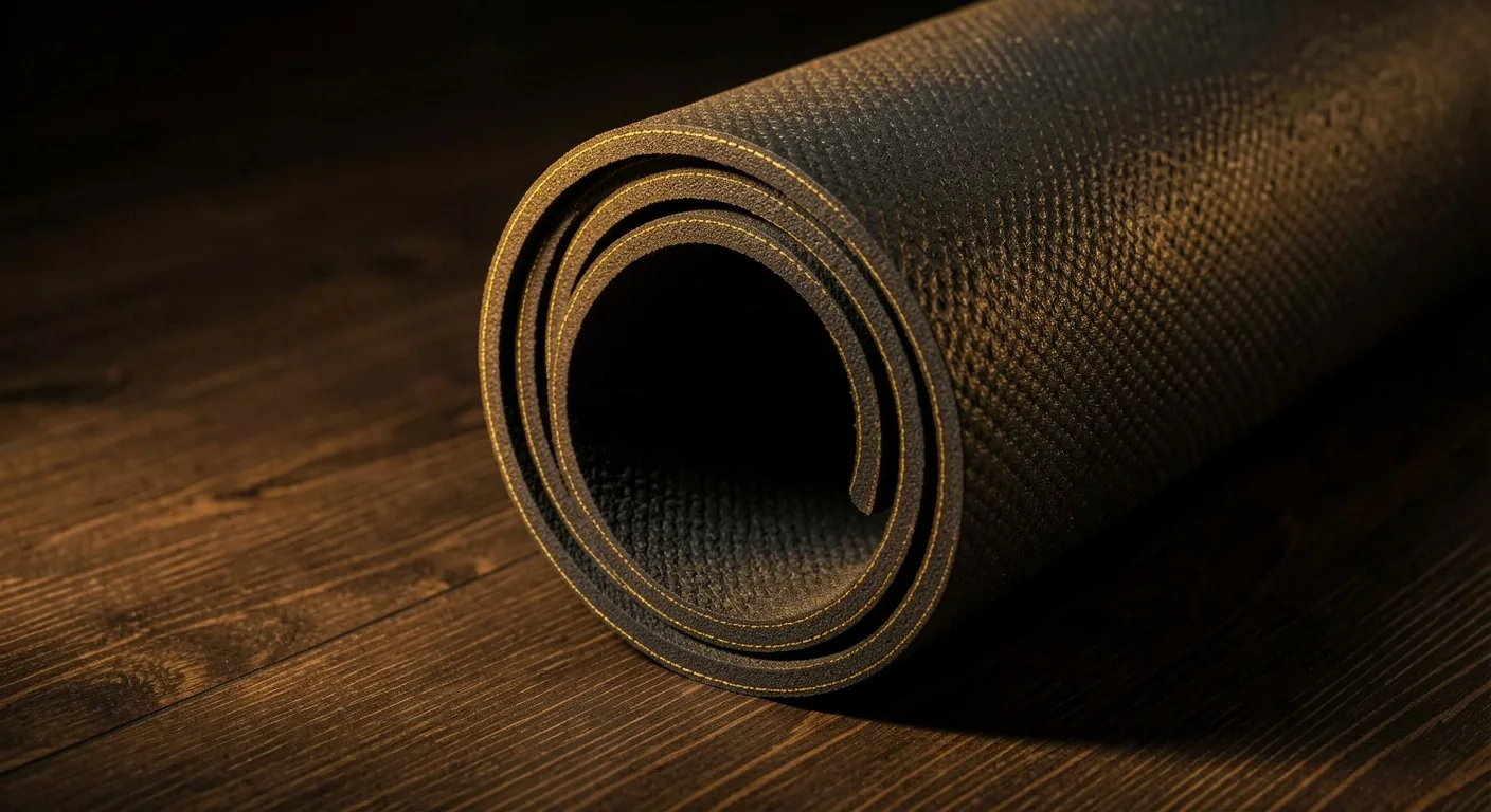 A premium yoga mat rolled on a studio floor