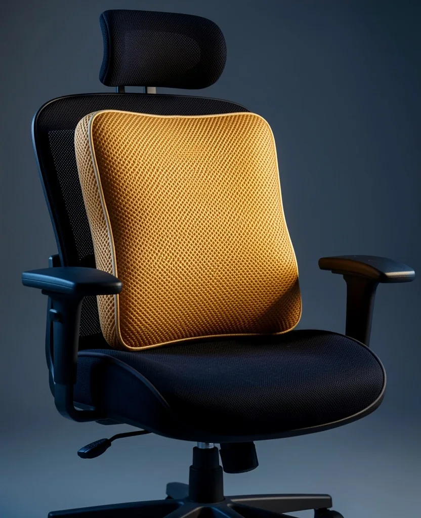 Memory foam back support cushion on an office chair