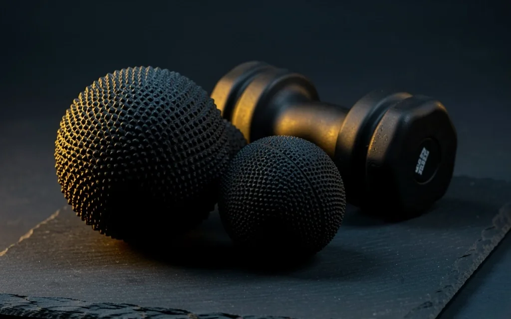 Massage balls arranged on a dark surface
